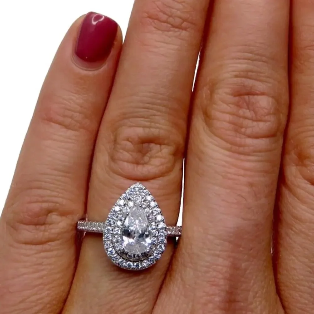Macy's Silver Teardrop Diamond Cubic Zirconia Halo Ring S 925 Size 8